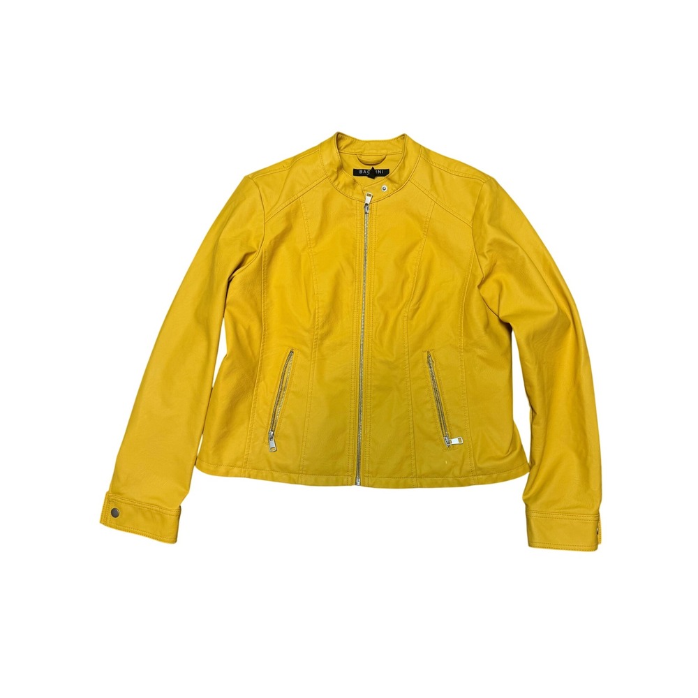 Baccini Womens Mustard Yellow Vegan Leather Moto Jacket Petite Large PL Zip Up